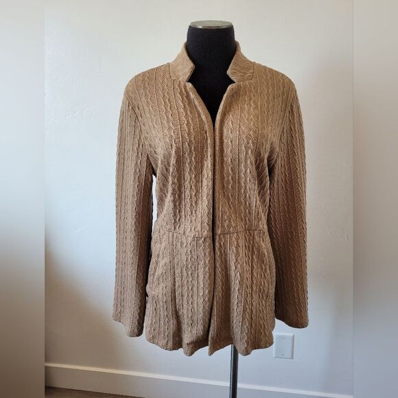 Tan Brown Cable Knit Open Front Sweater Cardigan Blazer Notched Collar Preppy XL - Picture 1 of 9